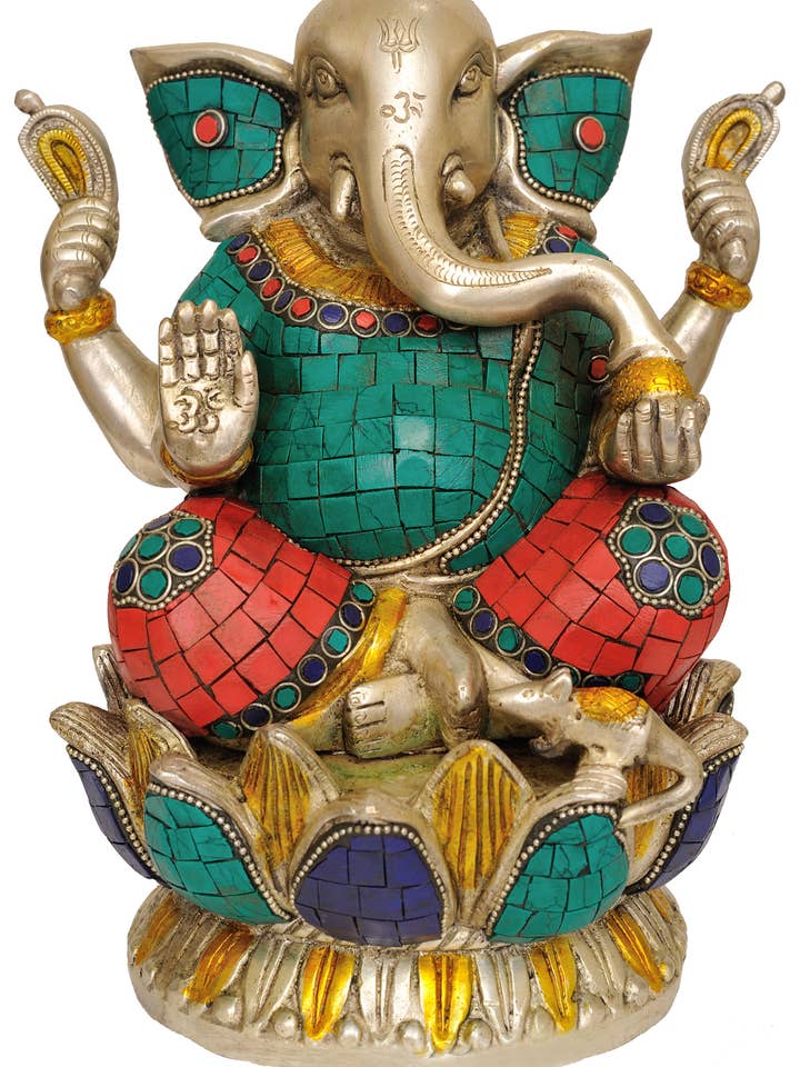 9" Lord Ganesha Seated on Lotus In Brass | Made In India for wholesale by Exotic India Art