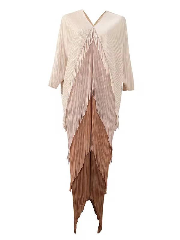 Brun plisserad lång klänning med tofsar i gradientfärger | En storlek för wholesale av Satsuma Wholesale