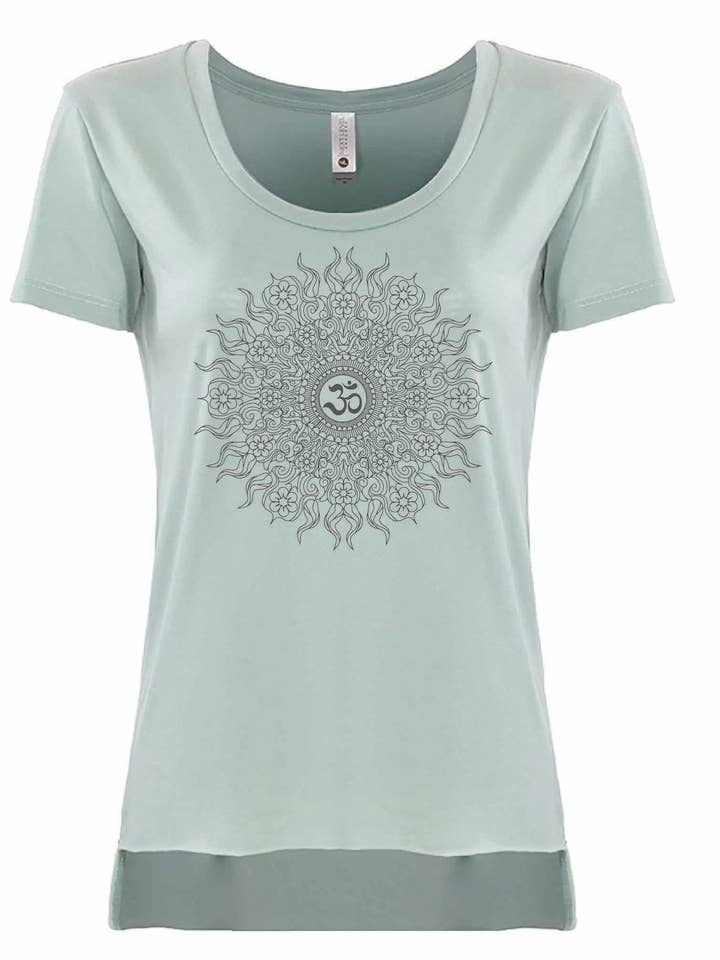Yoga Wild Sun Women's Scoop Neck Hi Lo Tee in Stone Green for wholesale by Ancient Language 97