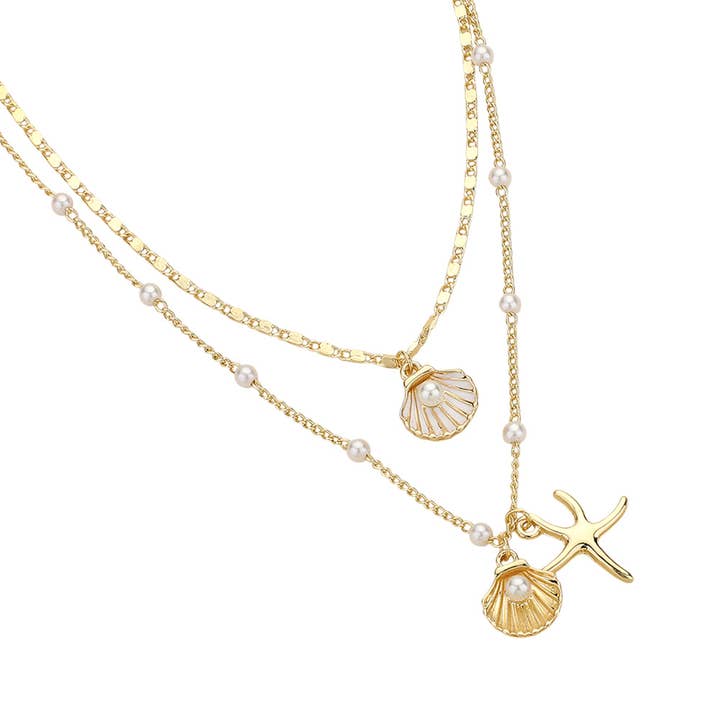 Sensibling Corp. - Wholesale Pendant/Charm Necklace - Pearl Shell Metal Starfish Pendant Pearl Station Chain Layered Necklace1