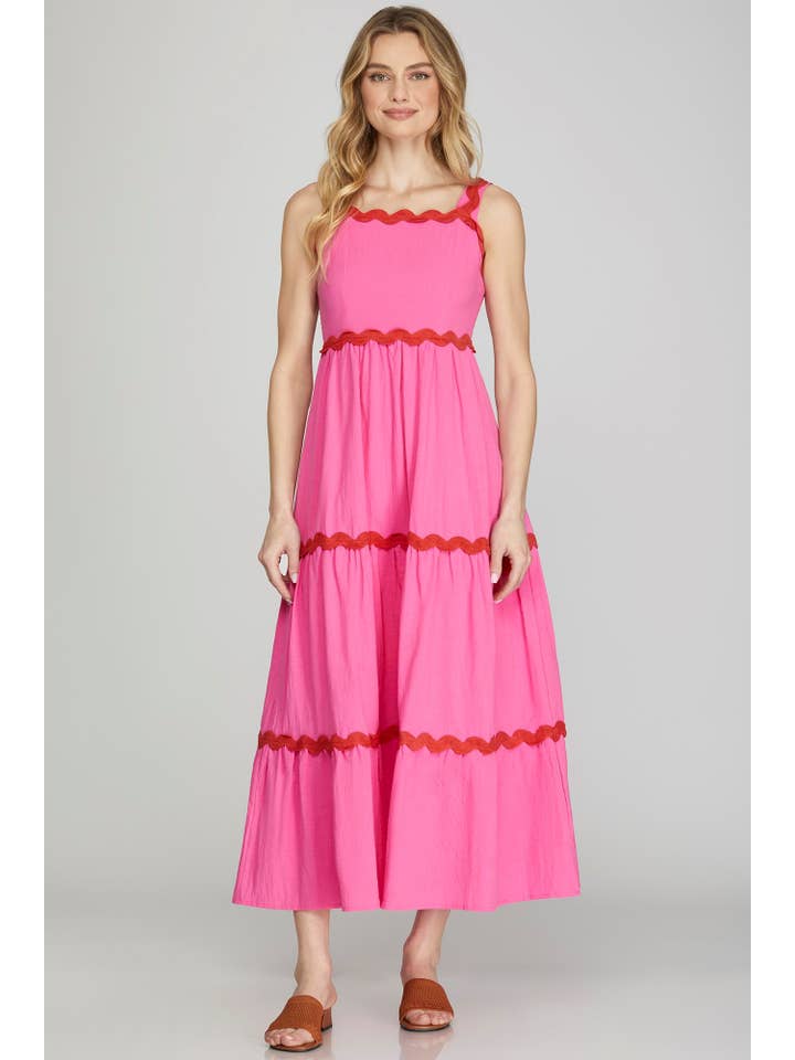 Vanilla Monkey - Wholesale Dress - Women's - Contrast Ric Rac Trim Tiered Midi Dress