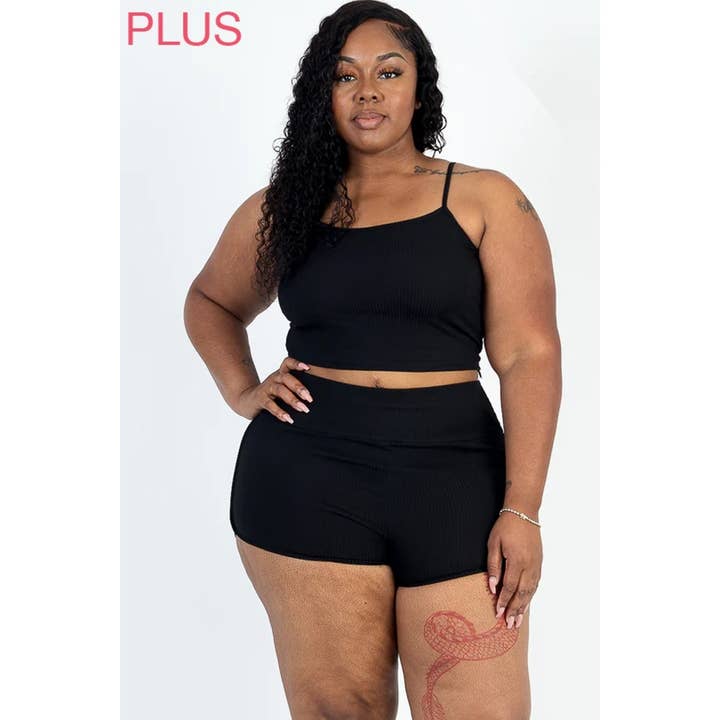 Timeless - Wholesale Lounge Set - Women's - Plus Size Ribbed Cami Crop Top and Ruched Shorts Set