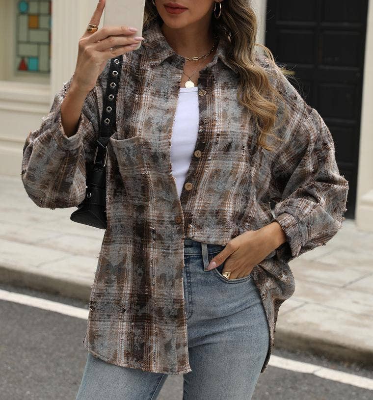 HIDDENBRAND - Wholesale Shirt Jacket/Shacket - Women's - Plaid jacket checked ripped shacket0