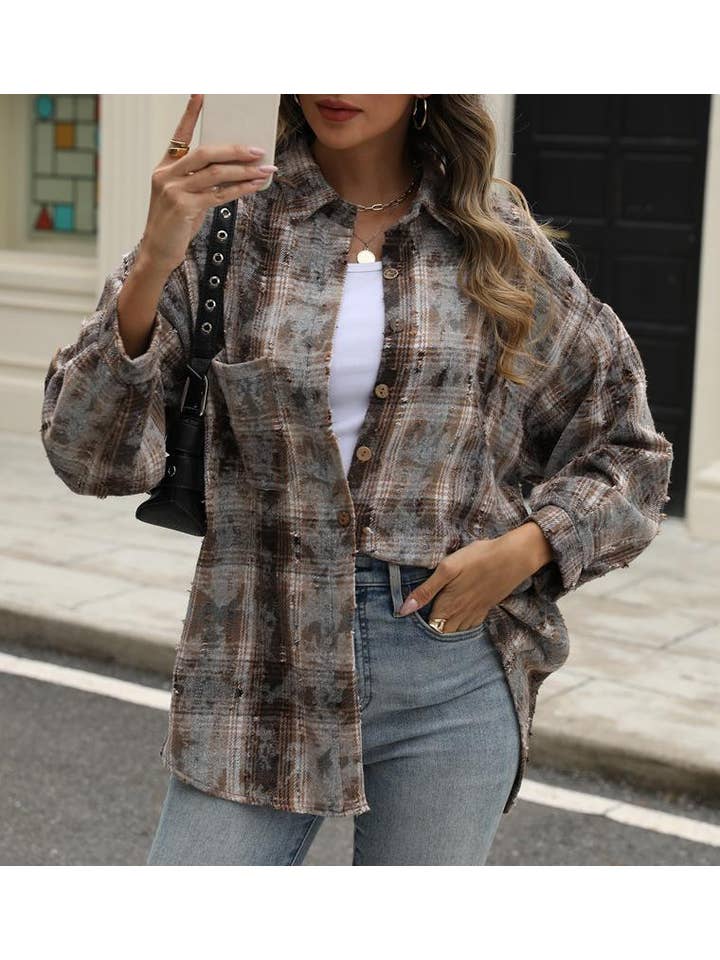 HIDDENBRAND - Wholesale Shirt Jacket/Shacket - Women's - Plaid jacket checked ripped shacket