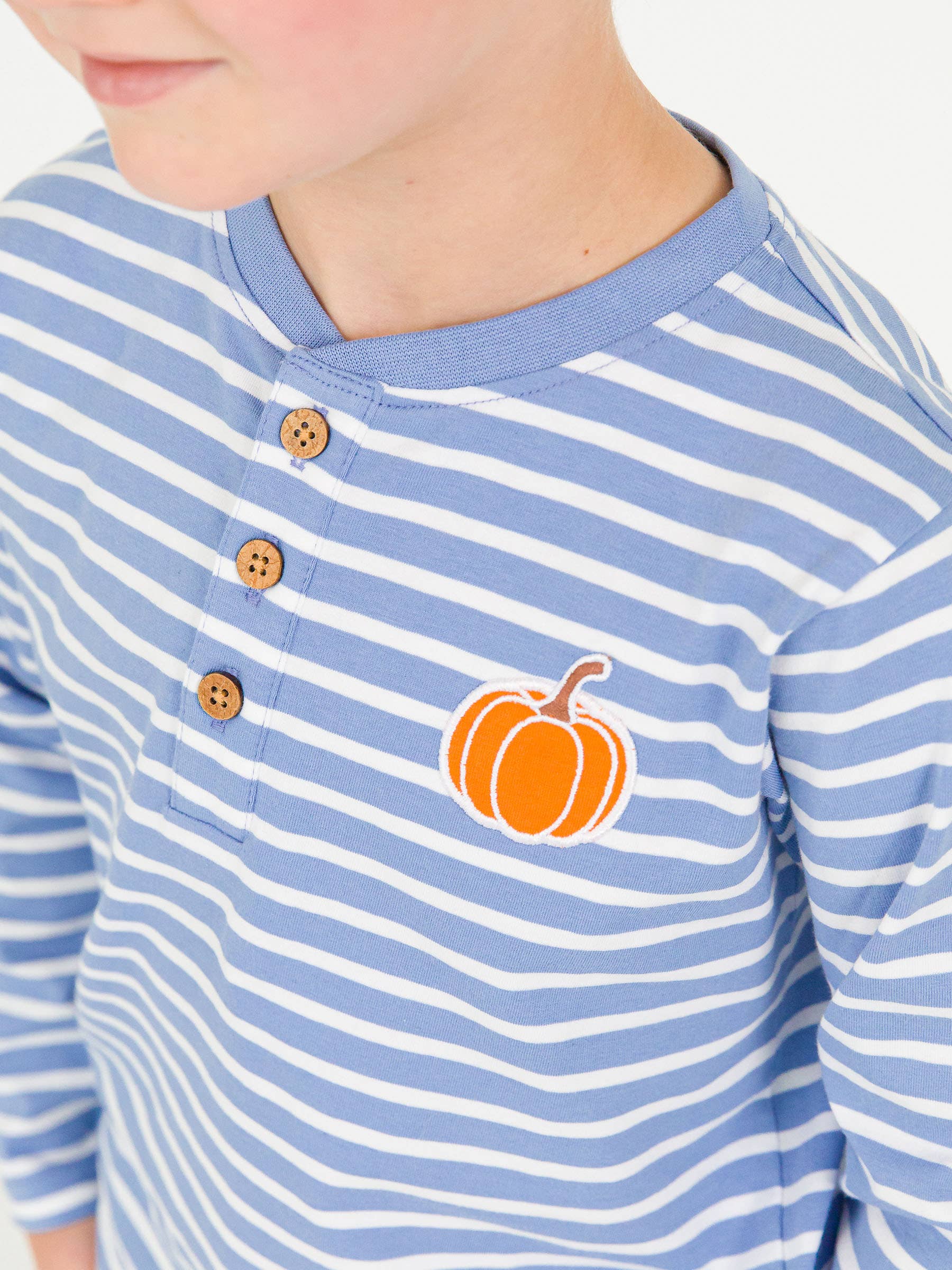 Boys Pumpkin Periwinkle Blue Stripe Knit Long Sleeve Embroidered Henley Tee for wholesale on Faire4