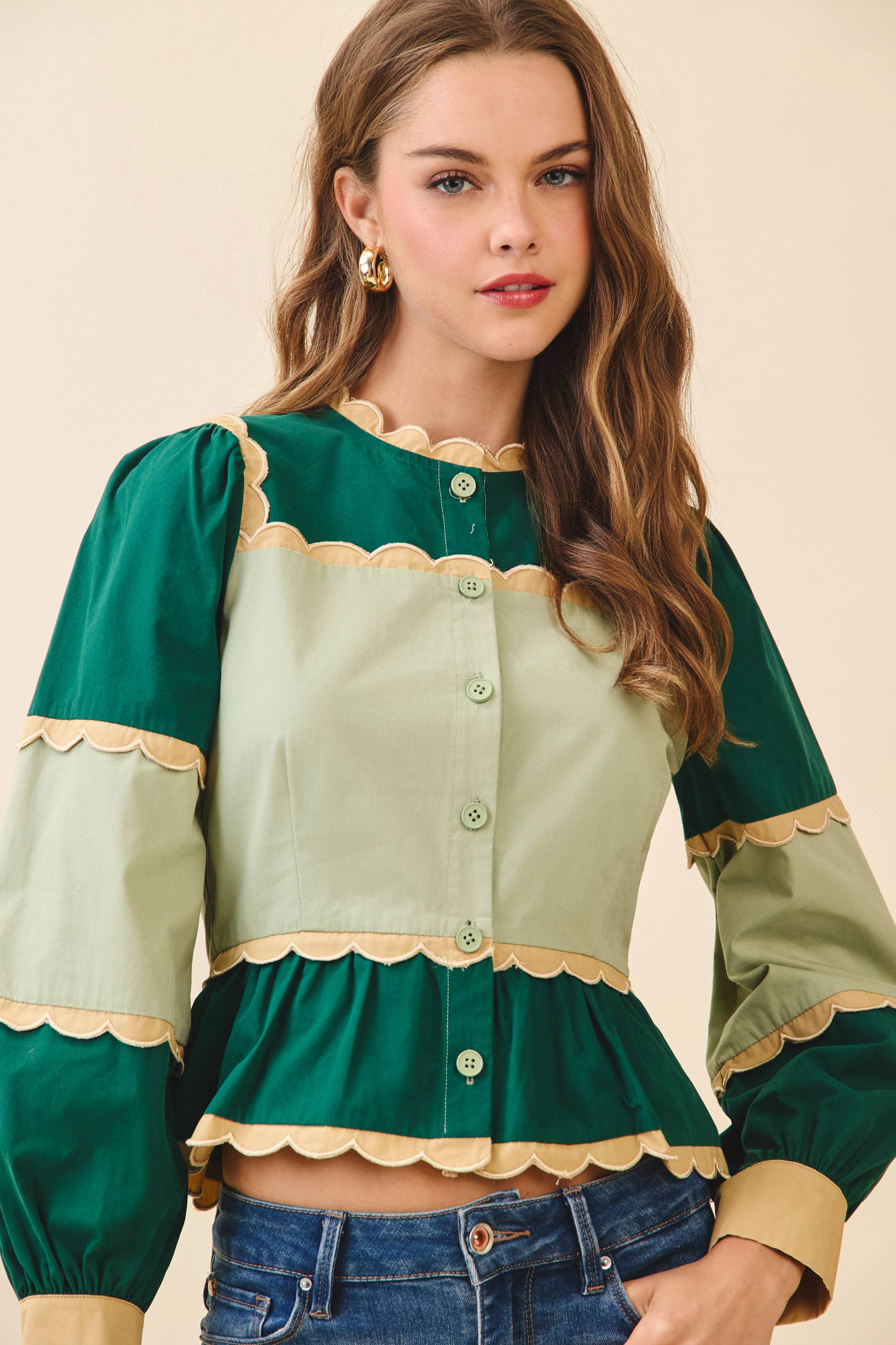 TCEC - Wholesale Button Down Shirt - Women's - CT9030S-Color Block Scalloped Detail Peplum Top6