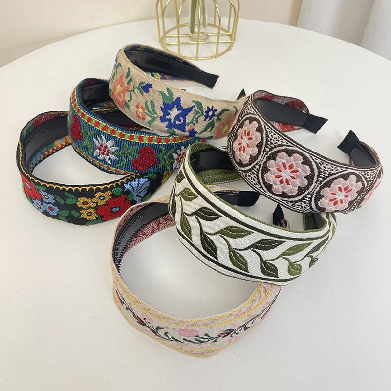 Tourtiwi - Venta al por mayor Cinta para el pelo - Mujer - Cinta de Pelo Retro Antideslizante con Bordado de Flores Bohemias11