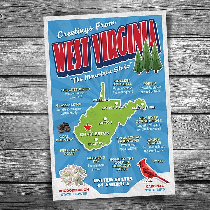 Greetings from West Virginia Postcard for wholesale by Christopher Arndt Postcard Co.