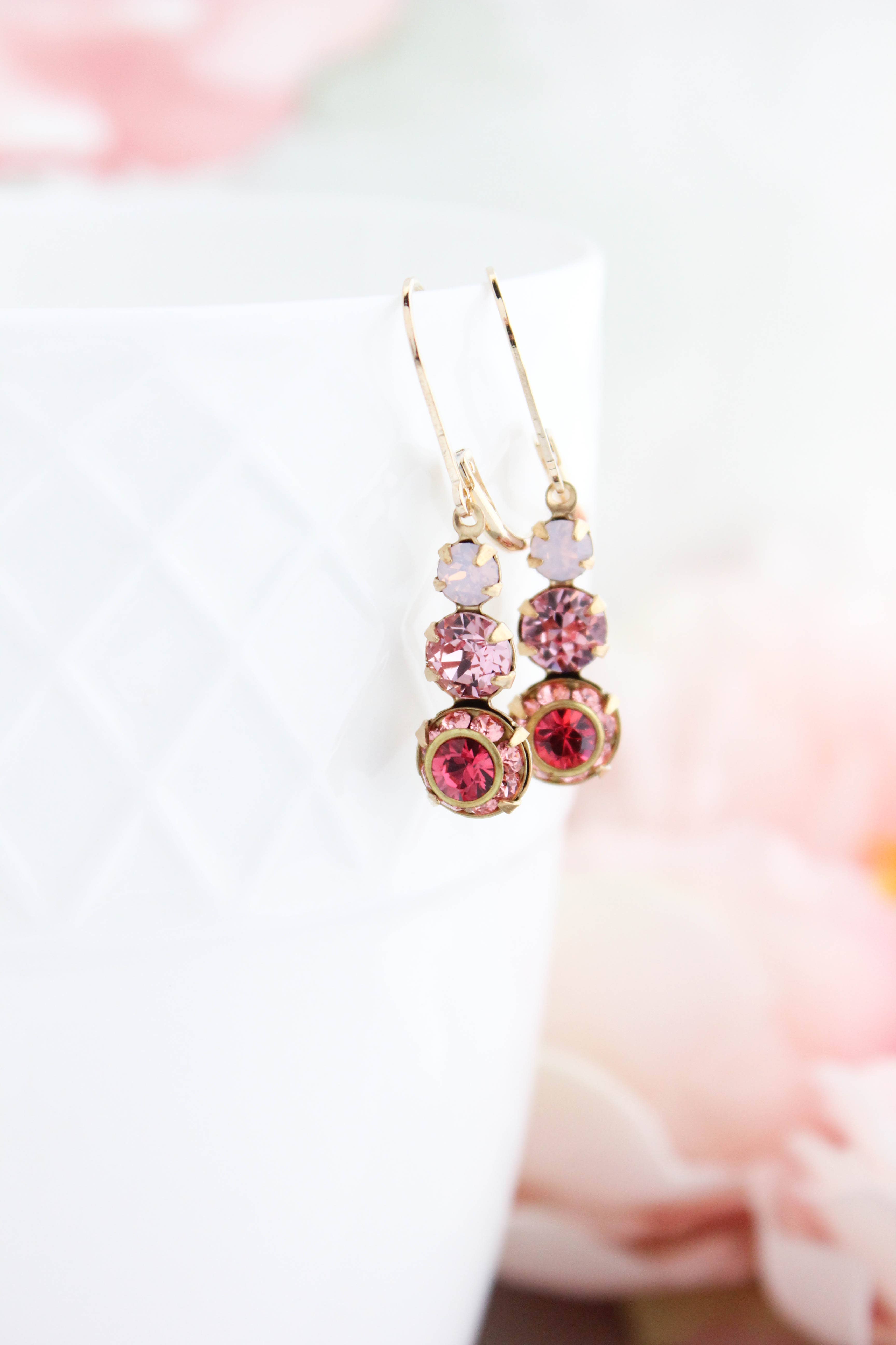 A Pocket of Posies - Wholesale Dangle Earrings - Vintage Glass Earrings -Three Jewel - Rose Pink Sparkle