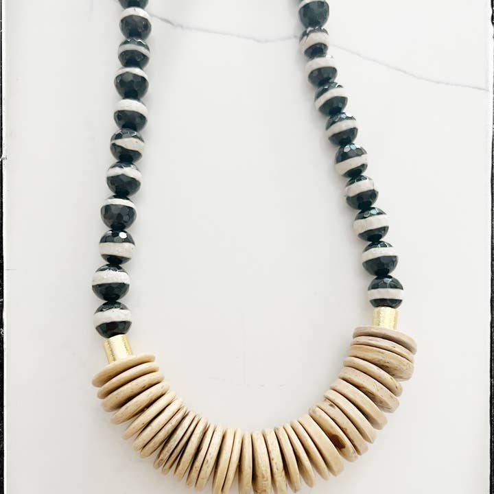 GentrybyJenna - Venta al por mayor Collares de cuentas/perlas - Collar corto de cuentas de ágata Dzi a rayas con piedras preciosas en madera de coco