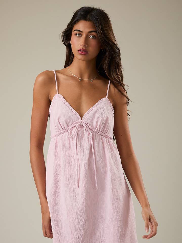 RUFFLE DETAIL SPAGHETTI STRAP SLEEVELESS A-LINE MINI DRESS for wholesale by LE LIS