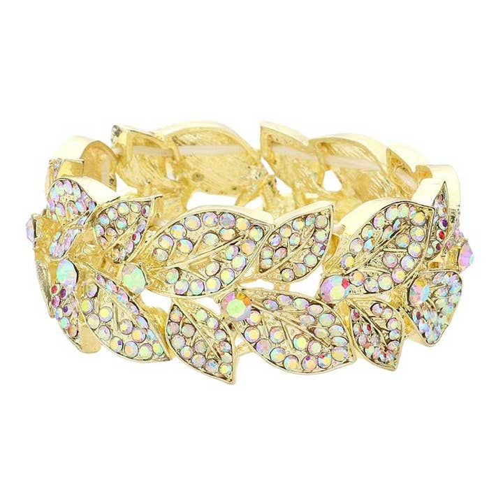 Stone Paved Leaf Linked Stretch Evening Bracelet for wholesale by Pearl and Rox