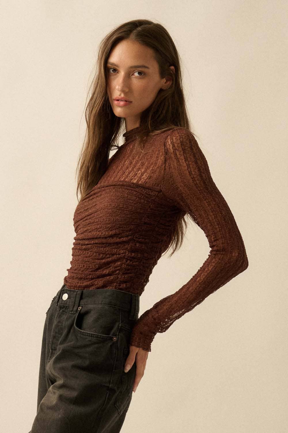 Promesa USA - Wholesale Bodysuit - Women's - Striped Floral Lace Ruched Mock-Neck Bodysuit9