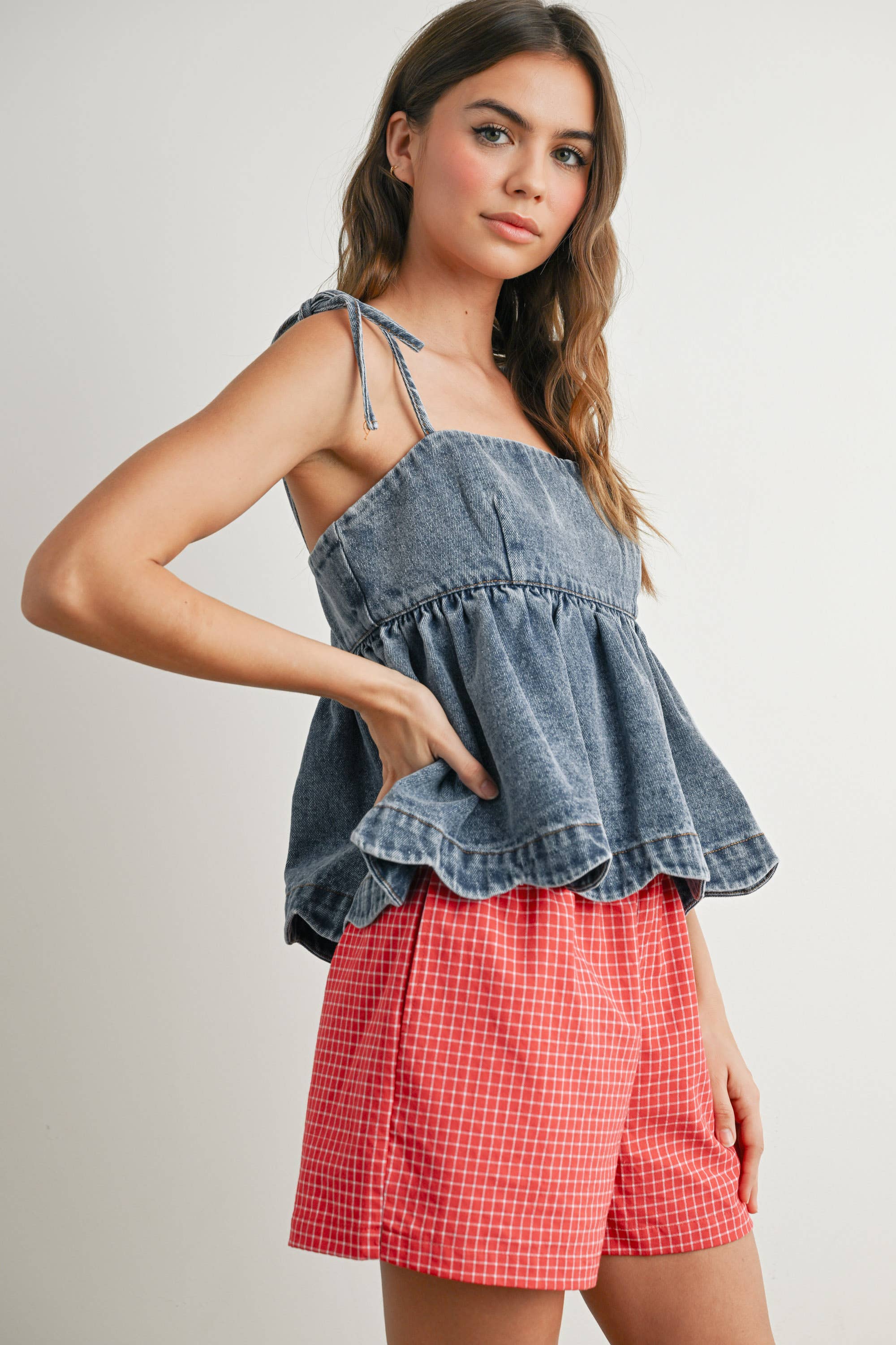 BUTTERMELON - Wholesale Blouse - Women's - Denim Tie-Strap Peplum Top - BMT7722 17