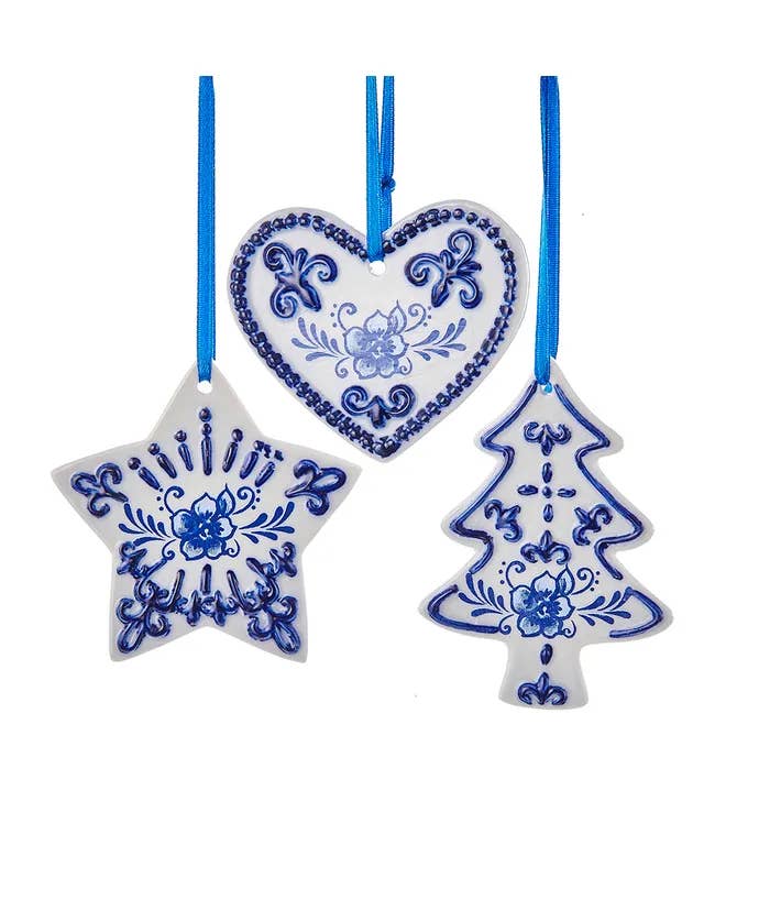 Kurt S. Adler, Inc. - Wholesale Ornament Set - 3"PORC DELFT BLUE HEART/TREE/STAR