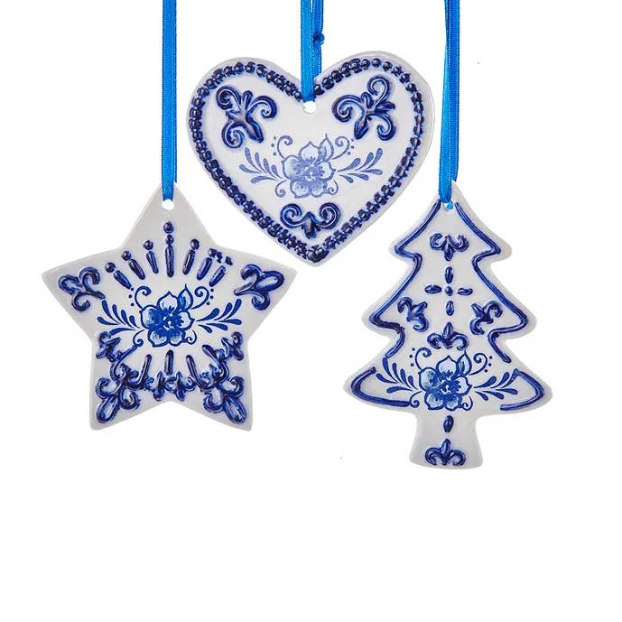Kurt S. Adler, Inc. - Wholesale Ornament Set - 3"PORC DELFT BLUE HEART/TREE/STAR