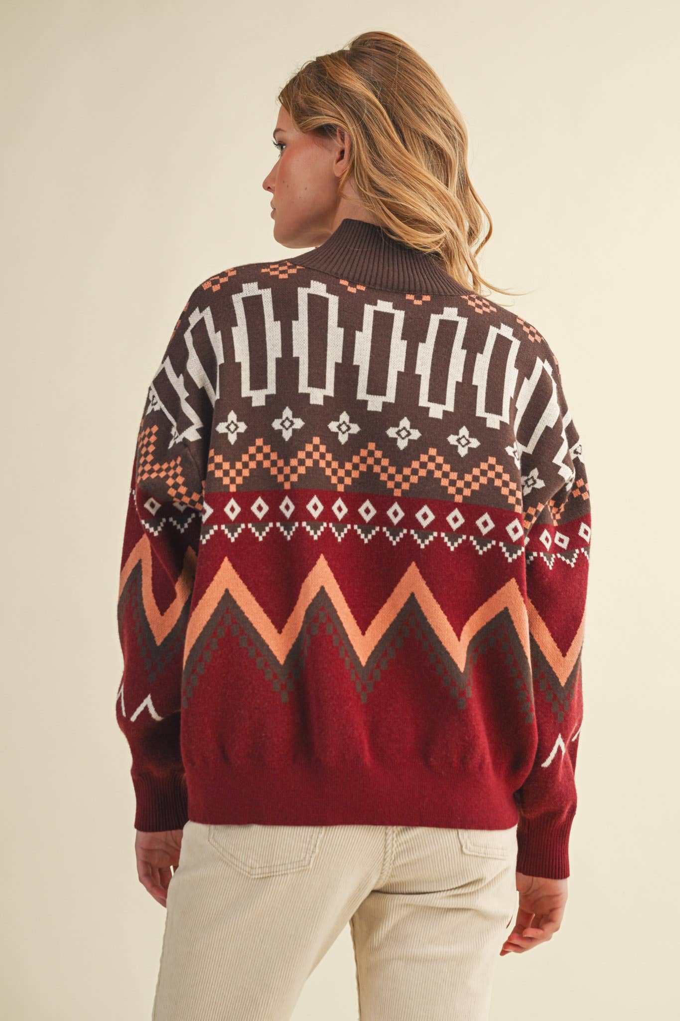 Burgundy Multi GEOMETRIC KNIT MOCK NECK HALF ZIP PULLOVER SWEATER MSW10885 for wholesale on Faire6