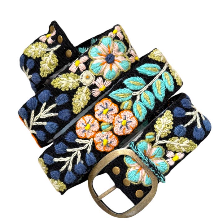 Midnight Meadow -Hand Embroidered Floral Wool Peruvian Belt for wholesale by Kuyay Peruvian Designs