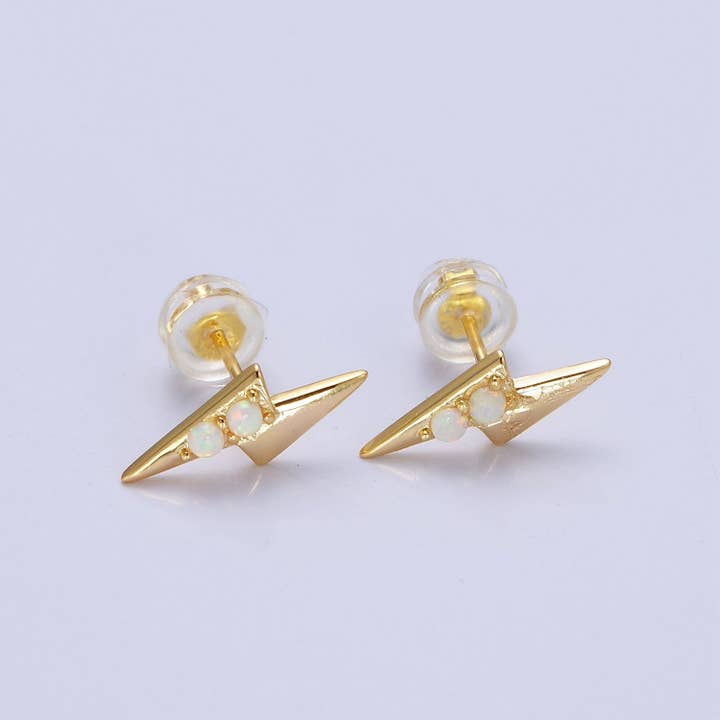 Aim Eternal - Wholesale Stud/Post Earrings - Mini 14K Gold Filled Lightning Bolt Round White Opal Stud Earrings | Y0912
