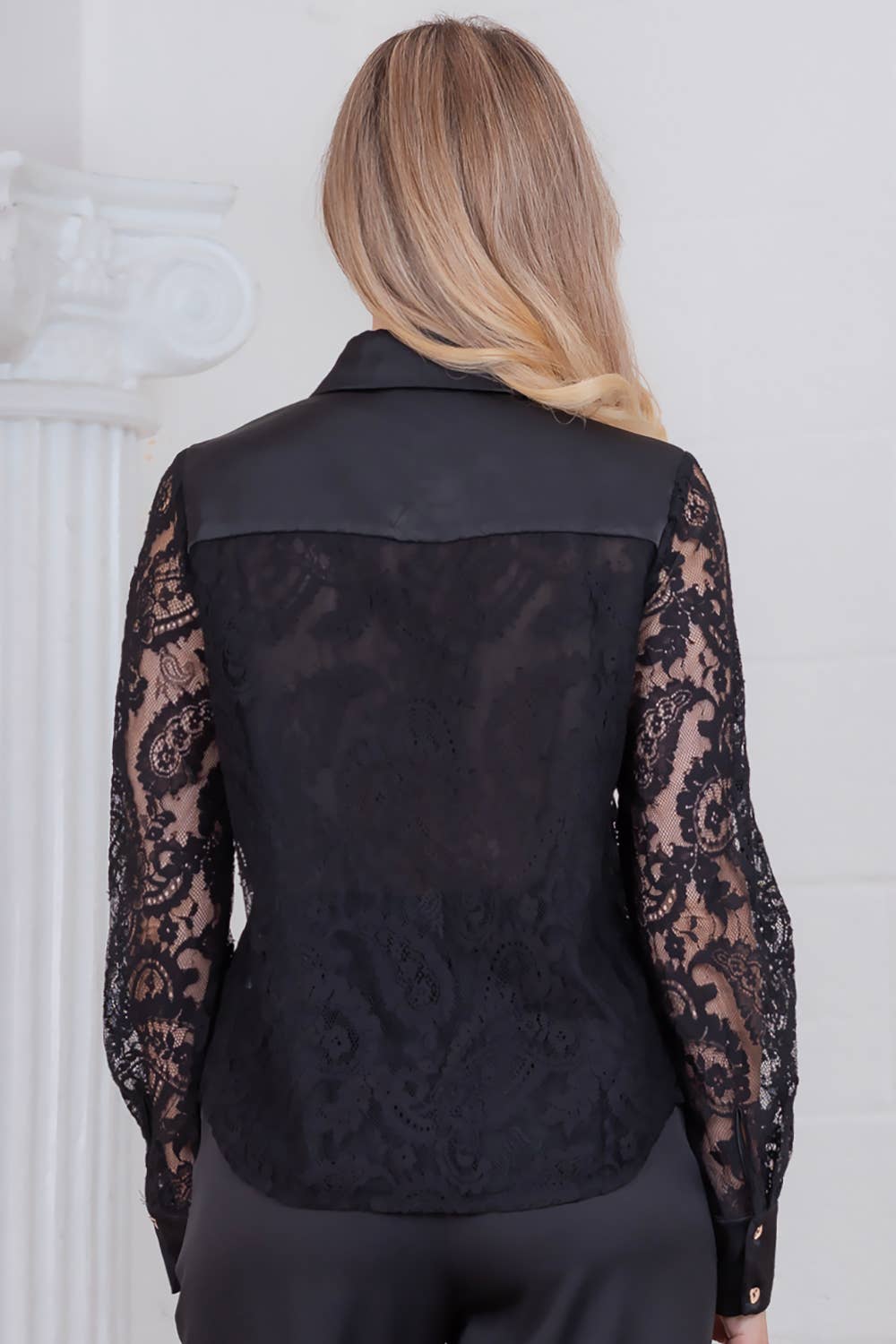Black WT4186T-Paisley lace long sleeve with satin trim detail  for wholesale on Faire4