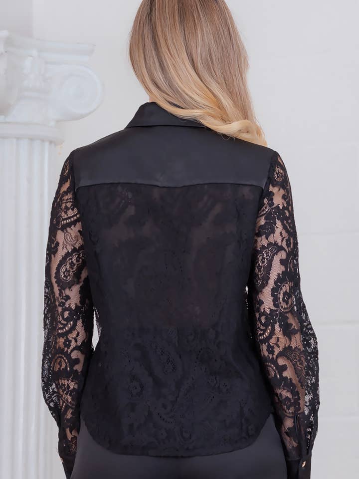 Schwarz WT4186T-Paisley-Langarmshirt aus Spitze mit Satinbesatz für den Großhandel auf Faire4