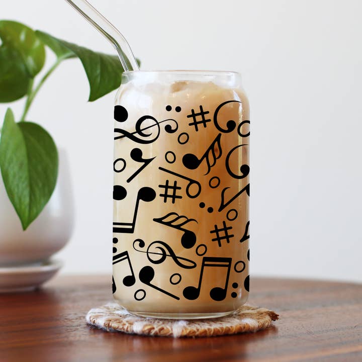 Black Music Notes Beer Can Glass Cup for wholesale by Charlotte Nadine Creations