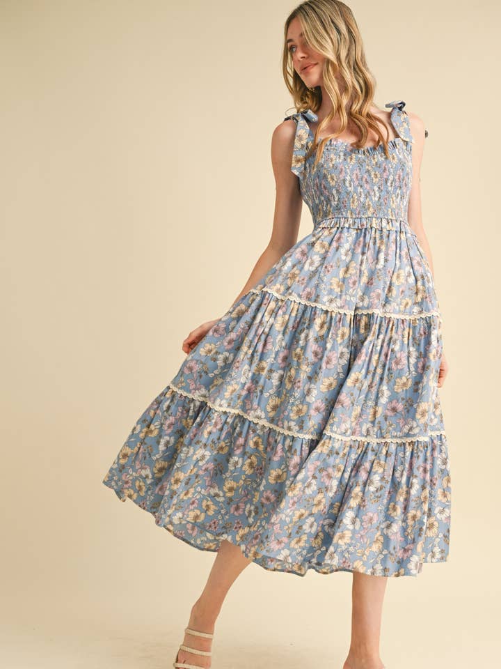 &MERCI - Wholesale Dress - Women's - FLORAL RUFFLED LACE TRIM MIDI DRESS MDR3852