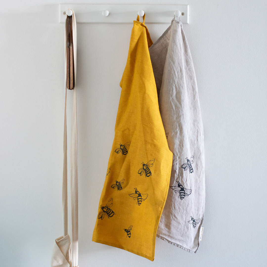 Helen Round - hand printed linen (US Duties Paid) - Wholesale Tea Towel - Linen Tea Towel Hand Printed Bee Design - Kitchen Towel5
