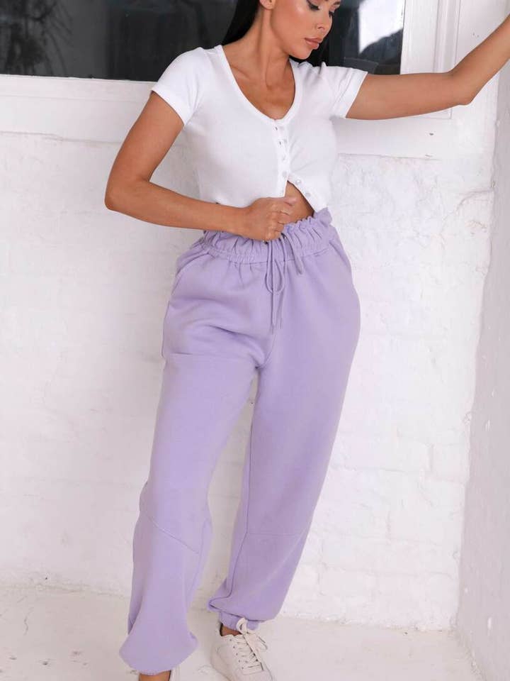 Lilac High Waisted Oversized Cuffed Joggers - Fiona for wholesale by Femme Luxe