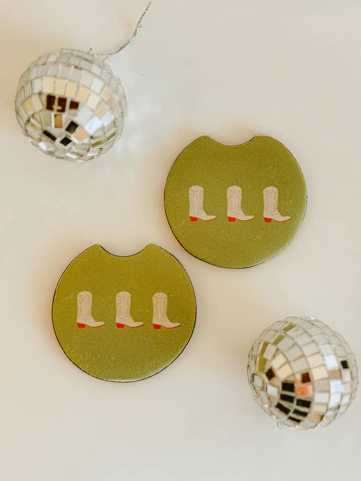 White Boots Car Coasters for wholesale by Dakota Scents Co