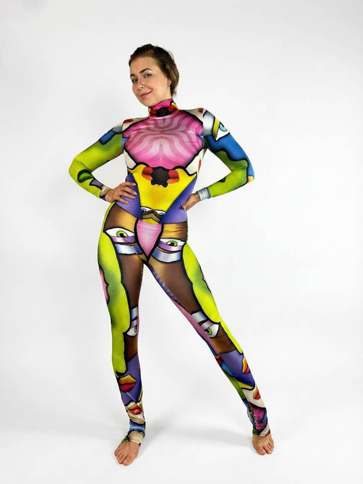 Multicolor Picasso Catsuit, Turtleneck, Long Sleeves for wholesale by Kikimora Fashion