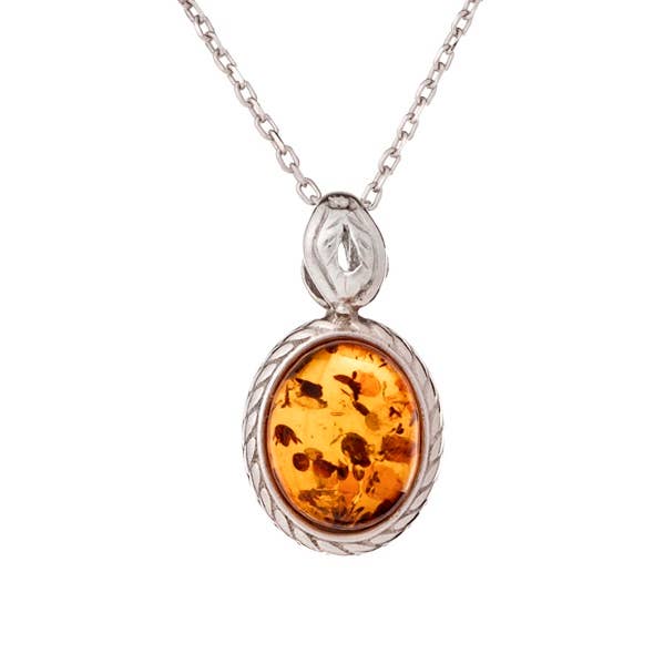 OPALOOK France - Wholesale Pendant/Charm Necklace - Oval cognac amber pendant, aged silver 925, 1+0.6 cm0