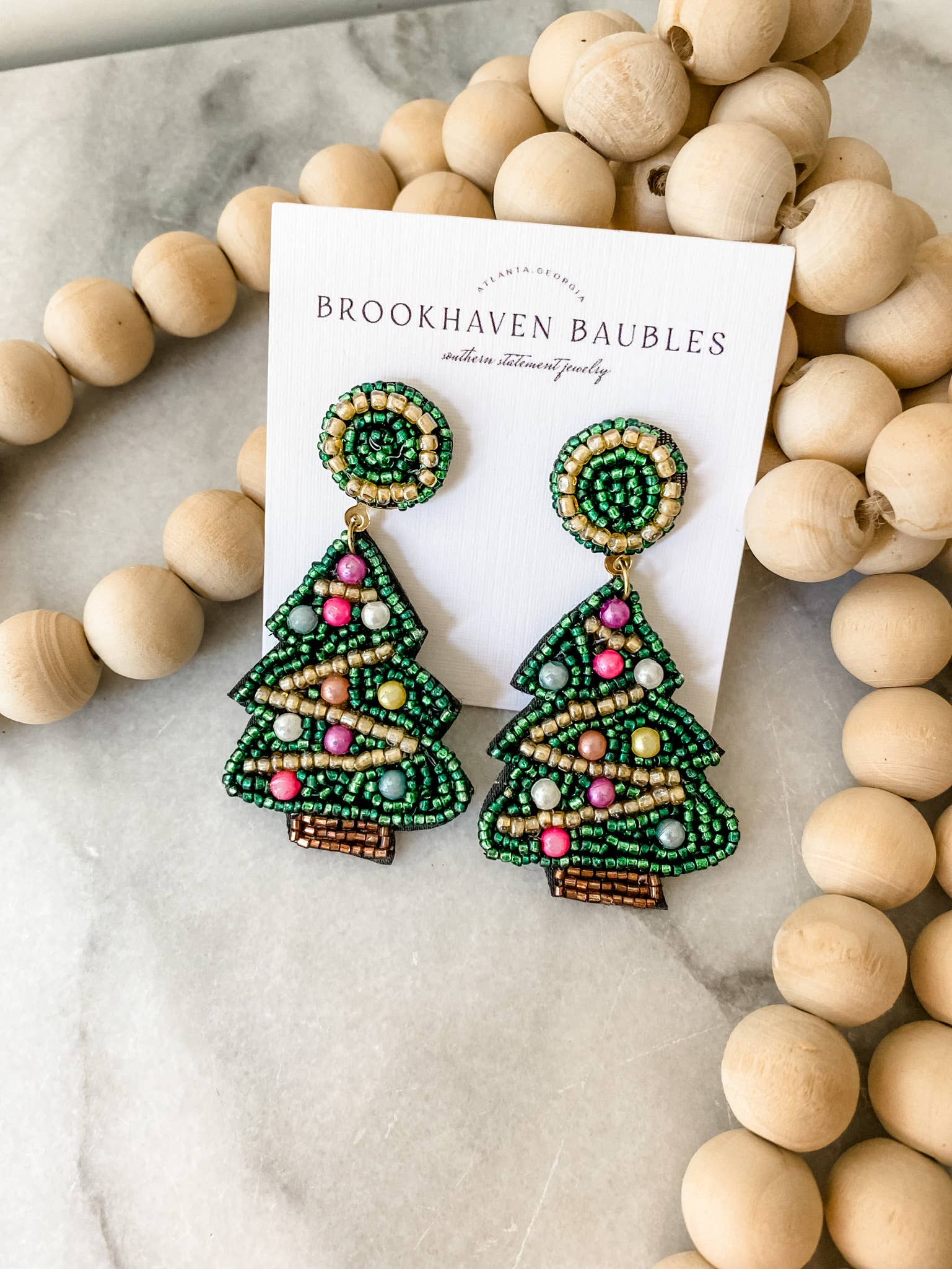 Brookhaven Baubles - Wholesale Dangle Earrings - Green Christmas Tree Beaded Statement Earrings (Copy)