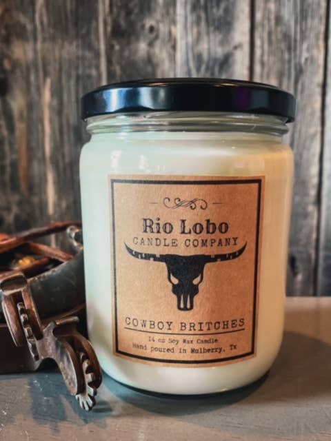 14oz Soy Candle- Cowboy Britches for wholesale by Rio Lobo Candle Company