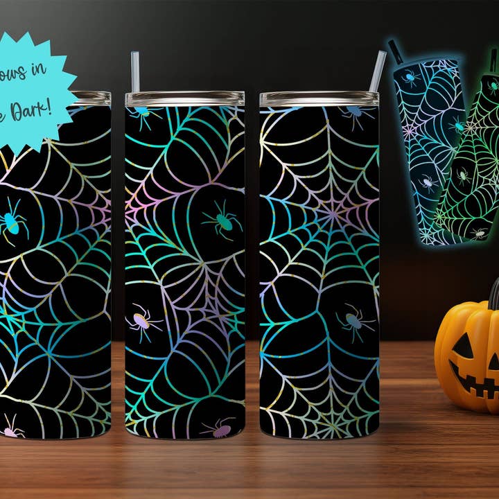 SoCal Creative - Wholesale Insulated mug/tumbler - 20oz Glow-in-the-Dark Halloween Themed Stainless Steel Tumbler, Mystial Celestial, Bad Witch, Spooky Mama Sugar Skull Design- Blue or Green4