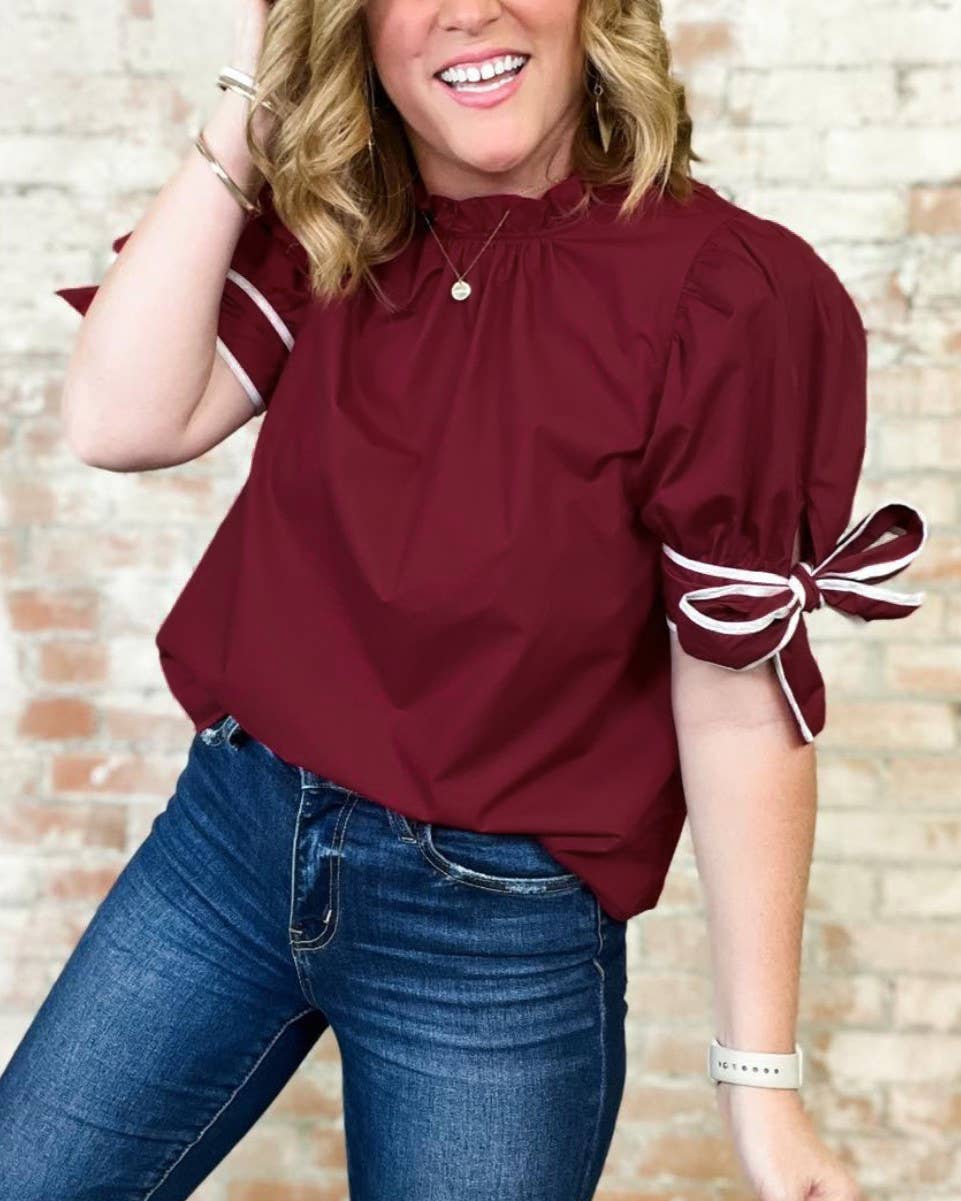 WineRed Mock Neck Contrast Bow Detail Blouse Top for wholesale on Faire