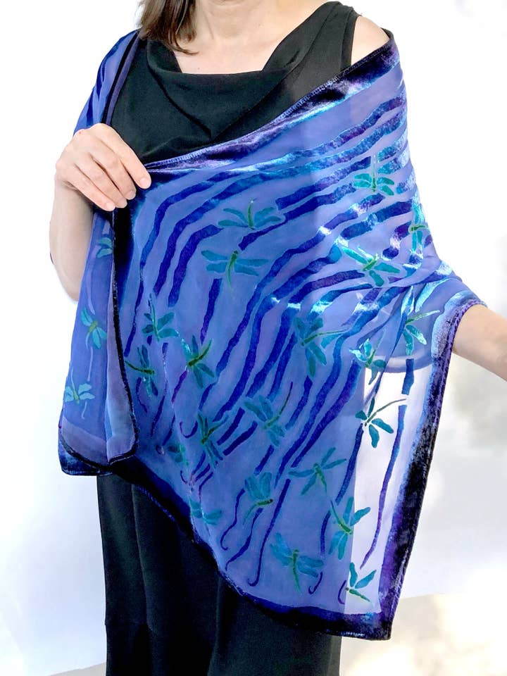 Dragonflies Purple Velvet Scarf/Shawl for wholesale by Sherit Levin Textiles