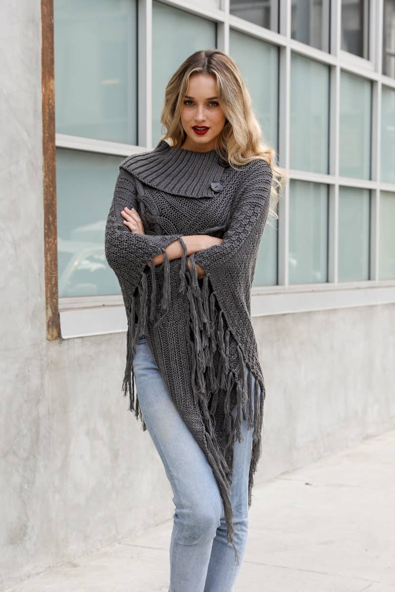 Leto Accessories - Wholesale Poncho - Women's - Turtleneck Cable Knit Poncho With Tassels5