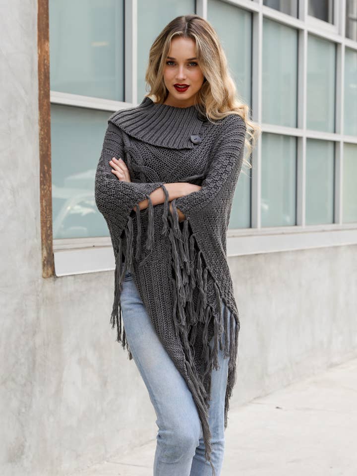 Leto Accessories - Wholesale Poncho - Women's - Turtleneck Cable Knit Poncho With Tassels5