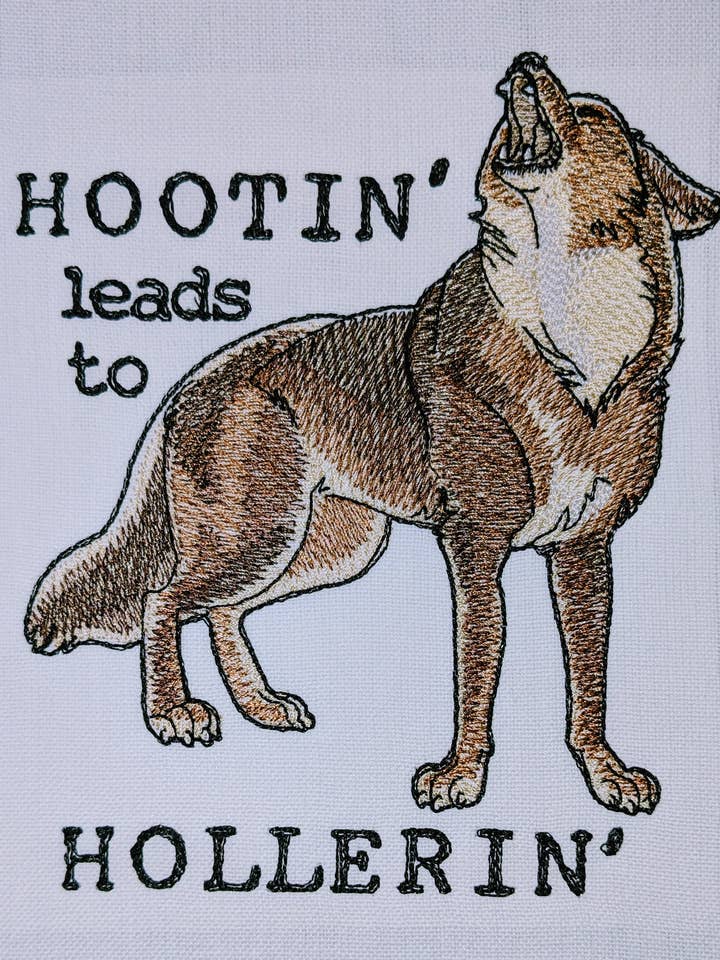 Hootin' leads to Hollerin' Embroidered Tea Towel for wholesale by Red Mitten