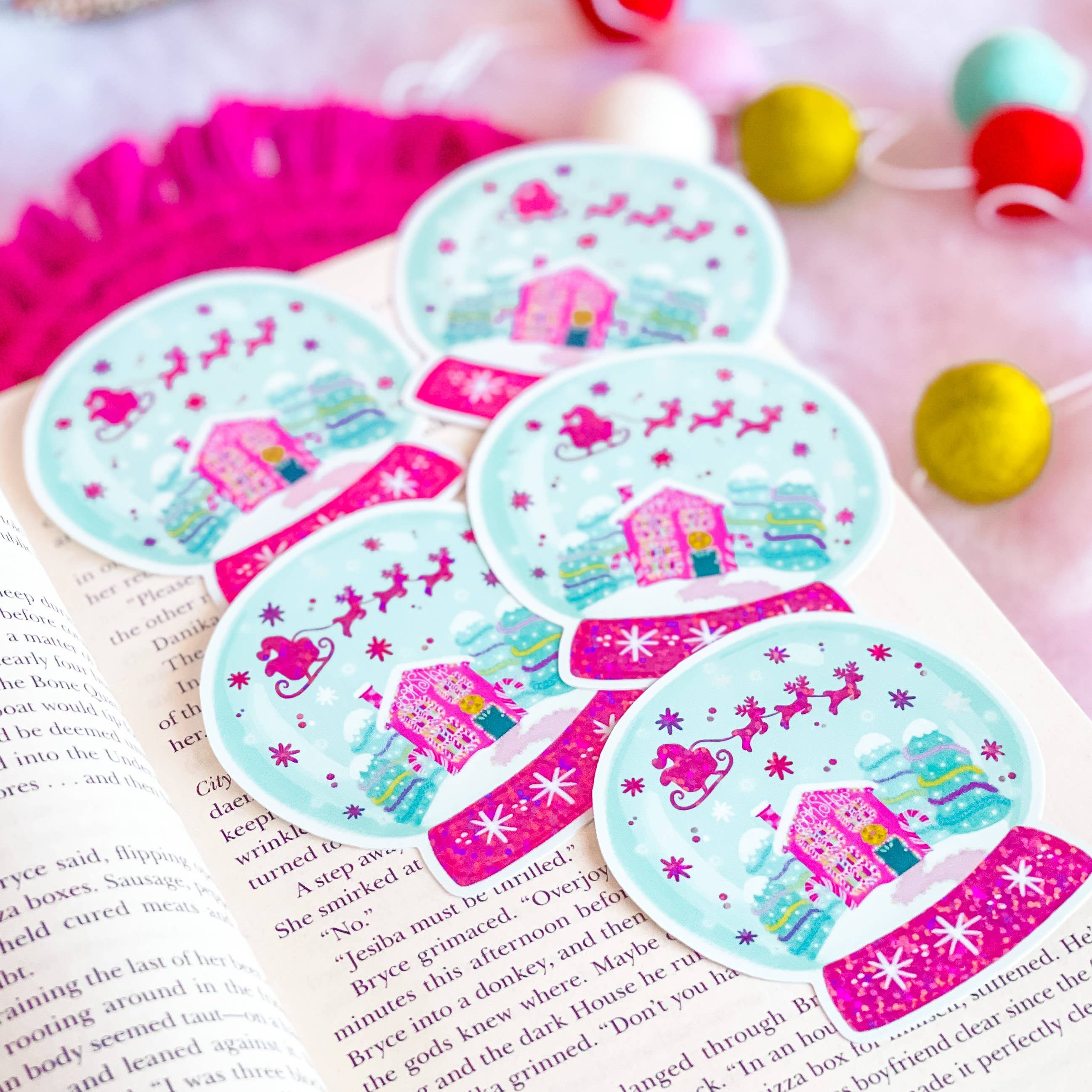 Emily Cromwell Designs - Wholesale Sticker - Christmas Bookshop Snow Globe Glitter Vinyl Sticker1