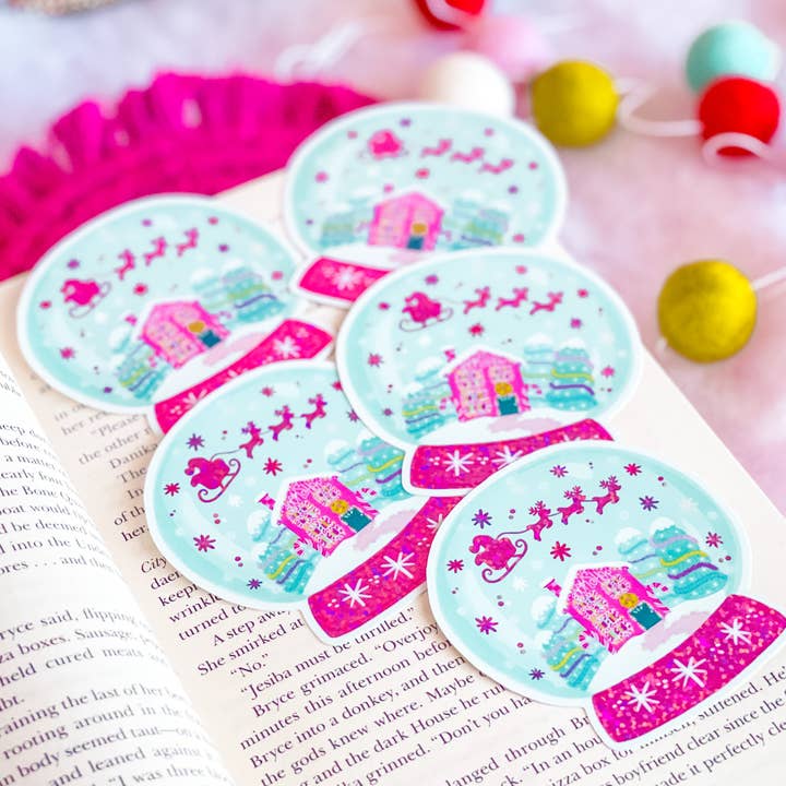 Emily Cromwell Designs - Wholesale Sticker - Christmas Bookshop Snow Globe Glitter Vinyl Sticker1