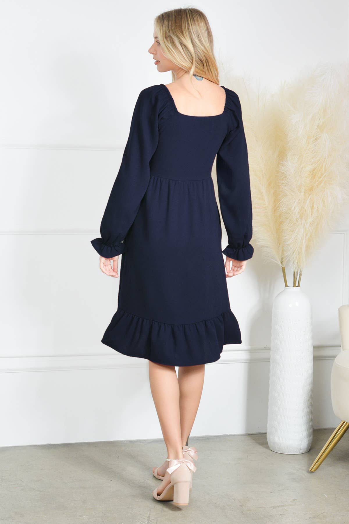Loven x Mini Momo - Wholesale Dress - Women's - Smocking Dress Long Sleeve Ruffle Hem Smocking Crepe Midi12