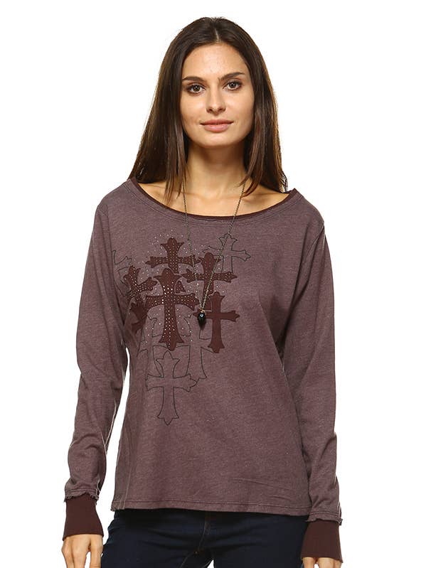 Mineral washed Scoop neck Long sleeve top with Embroidery for wholesale by Urban X Apparel