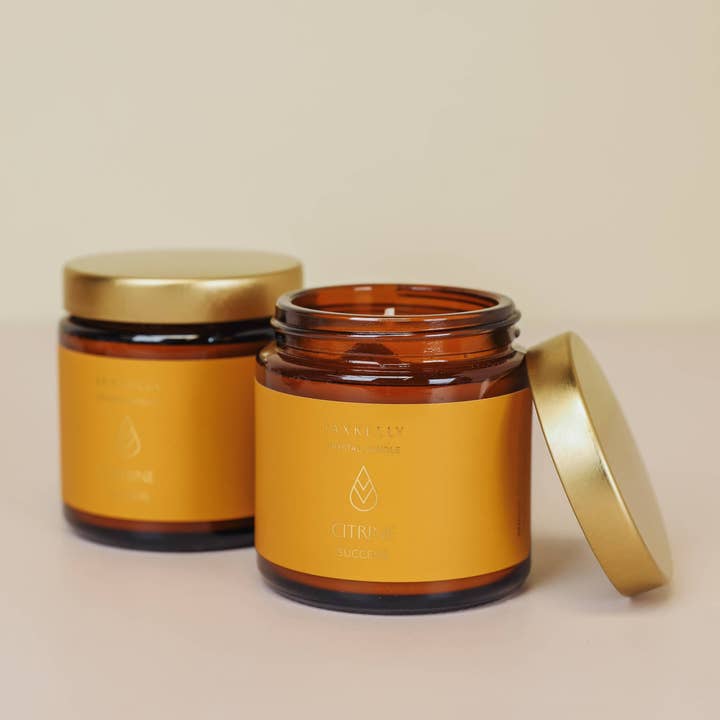 JaxKelly Candles - Wholesale Jar/Filled Candle - 4oz Amber Crystal Candles - Citrine - Success1