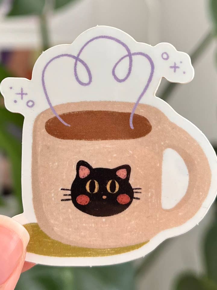 Autocollant Chat Café en vinyle brillant pour la vente par Marlene Vega Studio