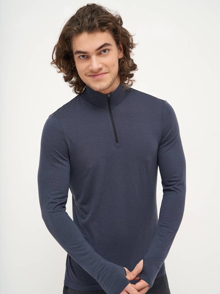 Men's Merino Wool Zip Neck Pullover with Hand Protection for wholesale by linenease