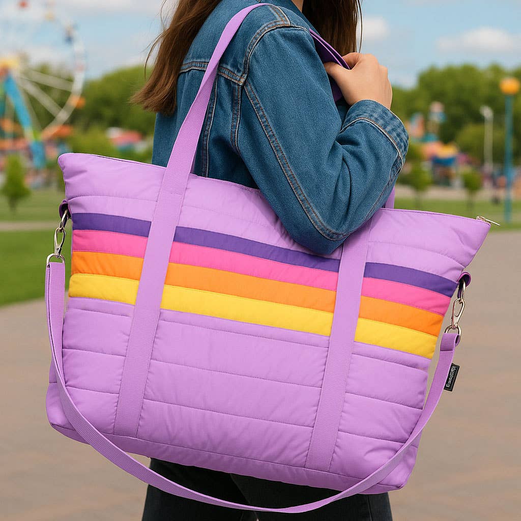 Top Trenz Inc - Wholesale Tote Bag - Women's - Purple Puffer Tote Bag Retro Stripe 1