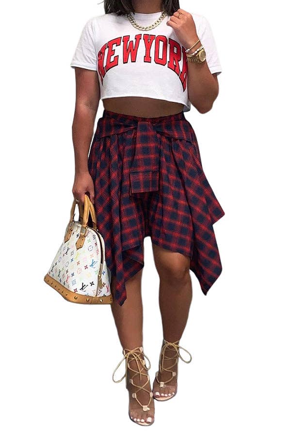 MB Fashion Wholesale - Wholesale Skirt - Women's - MB FASHION High-Waisted Plaid Skirt with Faux Tie 6556T1