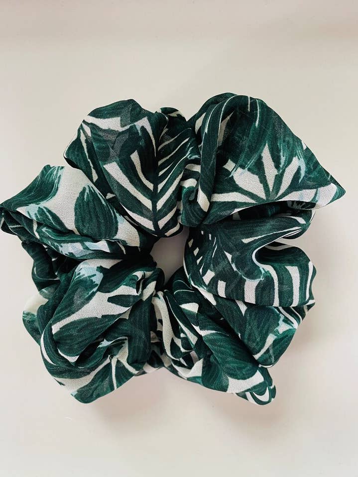 Green Tropical Leaf Jumbo Scrunchie for wholesale by Love Scout Designs